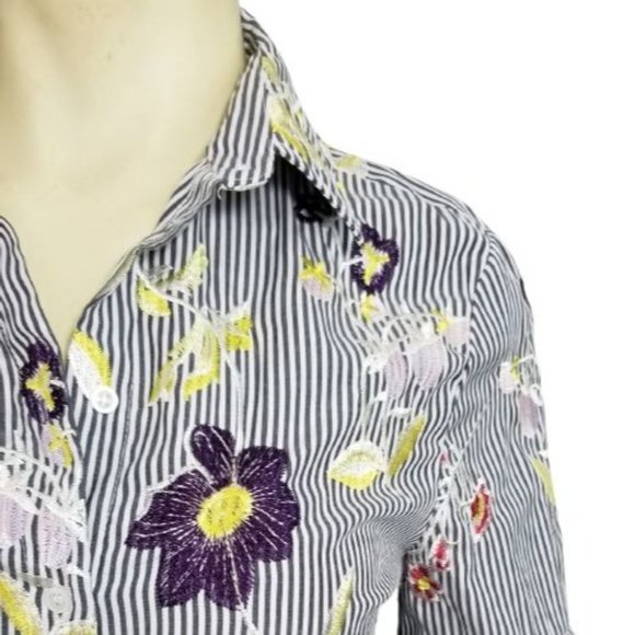 Nanette Lepore Striped Embroided Button-up Blouse Top M Balloon Sleeves - Picture 2 of 6